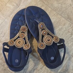 Navy Beaded Women's Sandals with Gold Accent